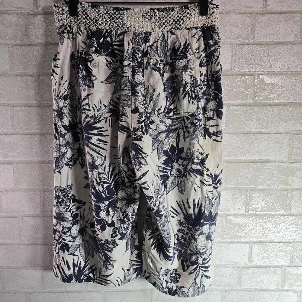 Linen Capri Short Pants White Blue Tropical Print Stretch Waist by Beau Dawson M - Picture 3 of 7
